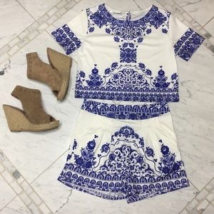 White High Waisted Shorts with Blue Detailing💙